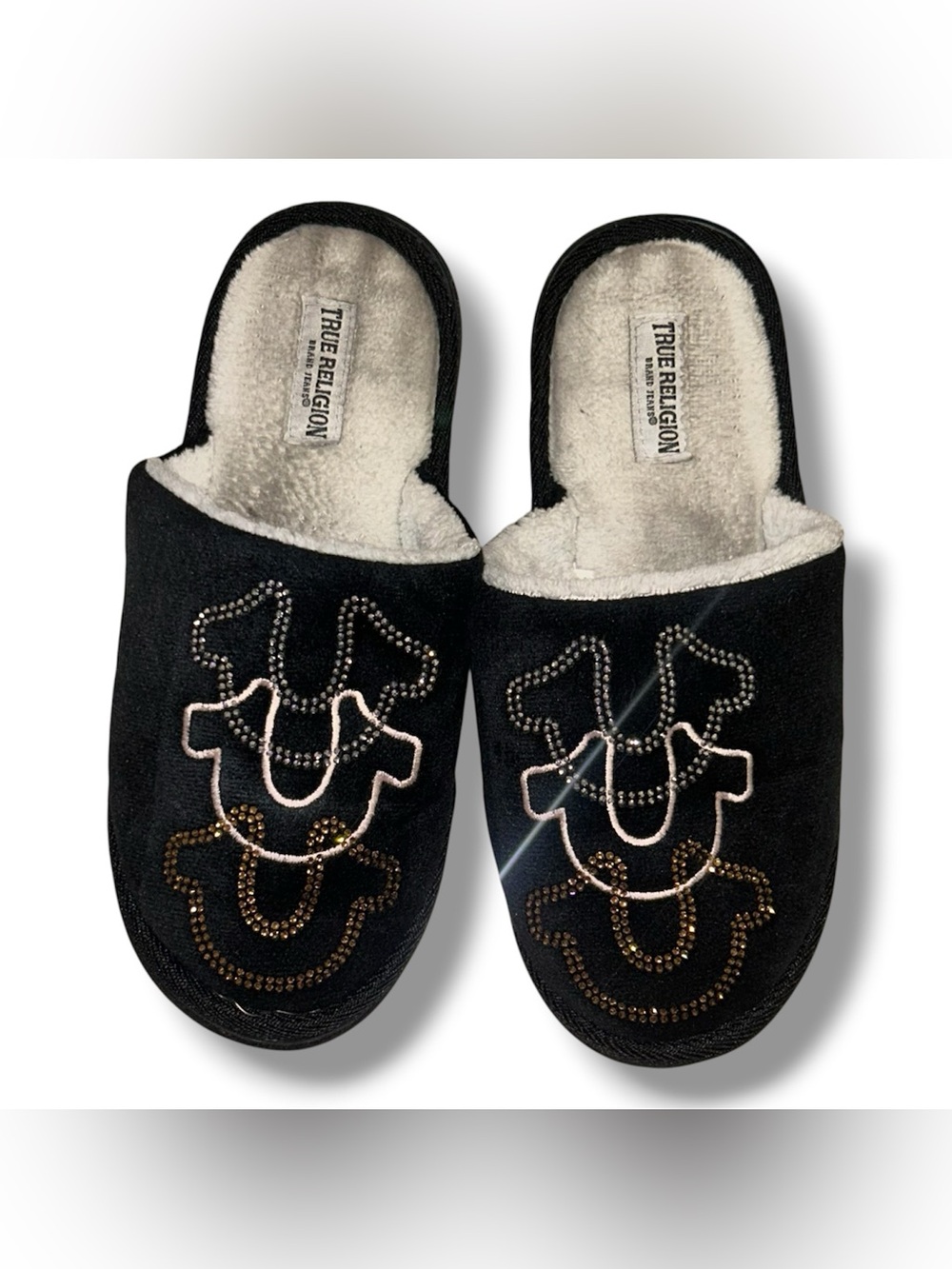 True Religion Black Crystal-Embellished Plush Slippers Women’s Size 6.5